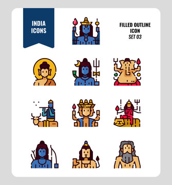 India icon set 3. Include India Spiritual, Hindu, Buddhism and more. Filled Outline icons Design. vector illustration
