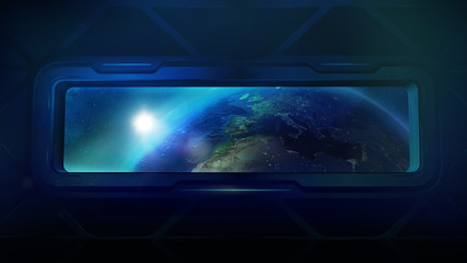 Earth from the porthole of the spaceship, 3D render
