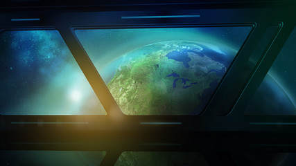 Earth from the porthole of the spaceship, 3D render