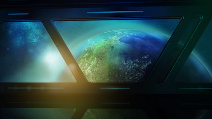 Earth from the porthole of the spaceship, 3D render