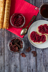 Sandwiches with natural, homemade beetroot jam, vanilla and sugar. Beetroot Chips. Healthy food, vegetarianism.