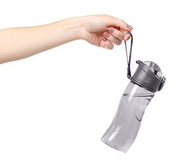 Gray sport water bottle, drinking equipment. Isolated.