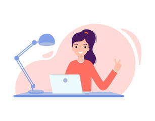 Creative girl working on a laptop. Vector illustration in flat design style.
