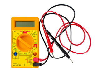 Yellow plastic multimeter, electric tester tool. Isolated on white.