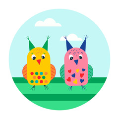 Cute ilustration of an owls. Drawing for children, poster, postcards.