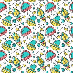 Space and cosmos vector concept in doodle style. Hand drawn illustration for printing on T-shirts, postcards.