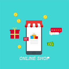 Fototapeta premium smartphone with Online Shopping. Modern flat design concept of web page design for website and mobile website. Easy to edit and customize. Flat vector illustration.