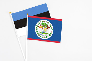 Belize and Estonia stick flags on white background. High quality fabric, miniature national flag. Peaceful global concept.White floor for copy space.