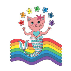 Cat mermaid vector illustration. Cute character with rainbow annd flowers.