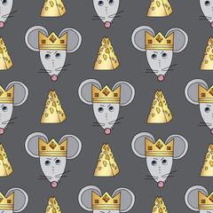 Rat character vector seamless pattern. Mouse animal with cheese and crown. Hand drawn cartoon cute pets packground.