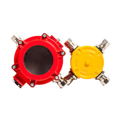 Set of red and yellow metal junction box for wiring isolated on white background.