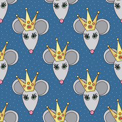 Rat princess character vector seamless pattern. Mouse female animal with crown. Hand drawn cartoon cute pets packground.