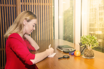 business woman writes something in a notebook at an office desk. Image is tinted.