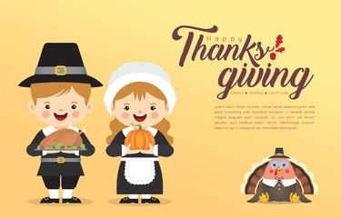 Thanksgiving template or copy space. Cute cartoon pilgrim couple holding pumpkin & roasted turkey with turkey bird isolated on yellow background. Thanksgiving character in flat vector illustration.
