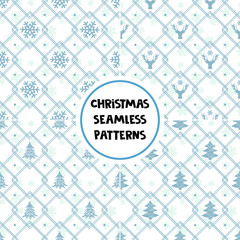 Set of geometrical seamless winter patterns; Christmas holiday design with winter elements for greeting card, gift box, wallpaper, wrapping paper, fabric, web design.