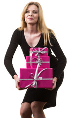 Girl holding stack of pink gift boxes