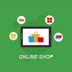 flat design banner of Buy Online for website and mobile website. Online shopping concept with smartphone. Modern vector illustration concept, isolated on colored background.