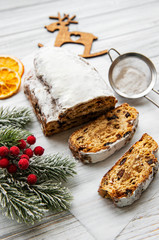 Christmas stollen on wooden background