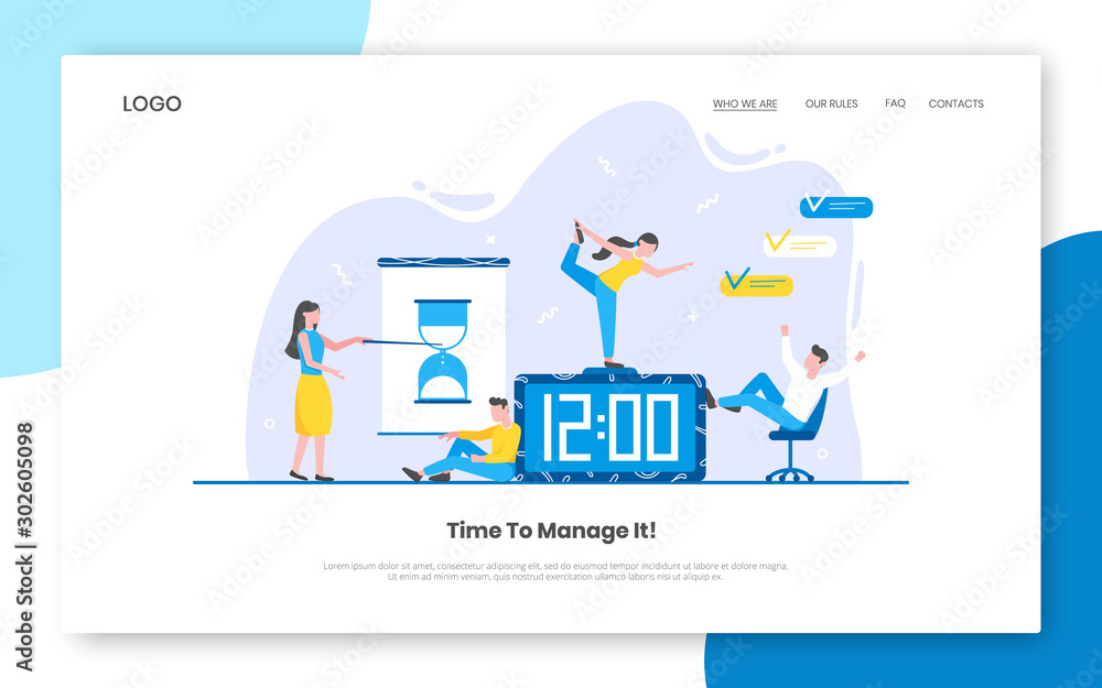 Poster business time management internet landing page concept template with people characters working toget
