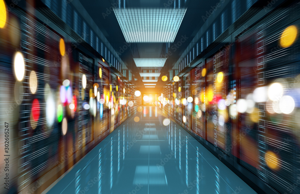 Leinwandbilder servers data center room with bright bokeh light going through the corridor 3d rendering