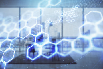 Tech theme abstract hologram and minimalistic cabinet interior background. Double exposure. High technology concept.