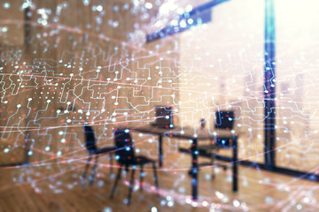 Tech theme abstract hologram and minimalistic cabinet interior background. Double exposure. High...