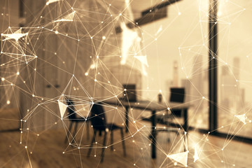 Tech theme abstract hologram and minimalistic cabinet interior background. Double exposure. High...