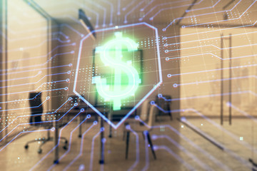 Business theme hologram with minimalistic cabinet background. Double exposure.