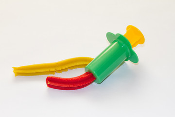 Set of colorful plasticine sticks isolated on white background. Modeling of clay and plasticine. creativity for children. space for text. the view from the top. Clay for modeling. clay tools and mould