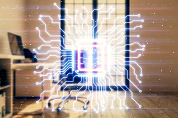 Brain sign hologram with minimalistic cabinet background. Double exposure. Ai concept.