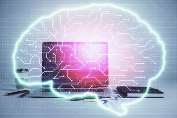 Brain sketch hologram with desktop office background. Double exposure. Brainstorm concept.