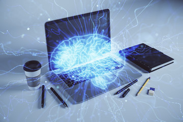 Brain sketch hologram with desktop office background. Double exposure. Brainstorm concept.