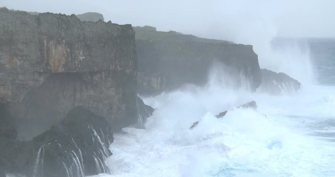 Huge Hurricane Waves Crash Into Rocks Cliffs - Goni
