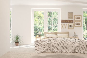 Stylish bedroom in white color with smmer landscape in window. Scandinavian interior design. 3D illustration