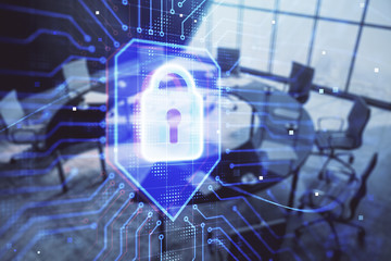 Double exposure of lock icon hologram on conference room background. Concept of cyber security