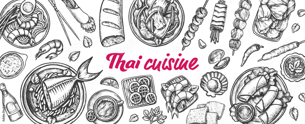 Sticker traditional thailand cuisine monochrome set vector. soup with fish and shrimp, spring roll and cooki