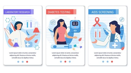 Obraz na płótnie Canvas Social Media Landing Page Set for Diabetes Control. Laboratory Research, Testing and Aids Screening. Cartoon Doctors and Patients Characters. Medical Equipment for Healthcare. Vector Flat Illustration