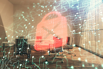 Double exposure of lock icon hologram on conference room background. Concept of cyber security