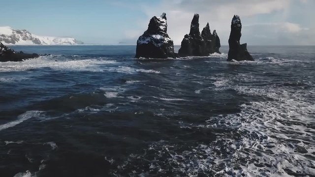 Iceland Black Sand Beach Aerial View Showing Basalt Rock Formations Trolls Toes 2