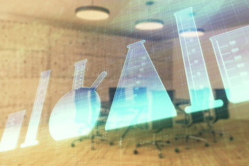 Double exposure of flasks drawing on conference room background. Concept of education