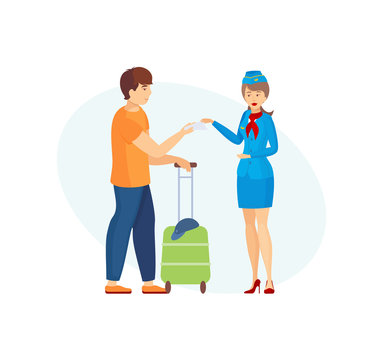 Airplane crew and airplane passengers. Young man passenger with baggage showing tickets to the stewardess cartoon vector illustration