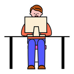 Freelancer working on business project. Isolated character looking at screen of gadget. Student learning at online courses. Office worker or programmer at work vector in flat style illustration