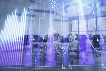 Obraz premium Stock and bond market graph with trading desk bank office interior on background. Multi exposure. Concept of financial analysis