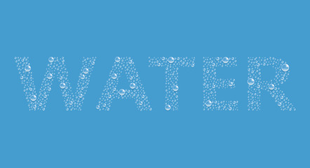 The word "WATER" from bubbles on blue background. transparent text from bubbles splash. 3d vector realistic. air, droplet, underwater air, rain, condensate. Vector Illustration. EPS 10.