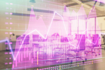 Stock and bond market graph with trading desk bank office interior on background. Multi exposure. Concept of financial analysis