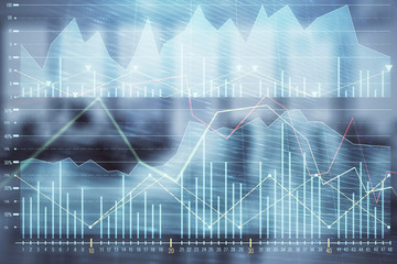 Stock and bond market graph with trading desk bank office interior on background. Multi exposure. Concept of financial analysis