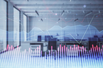 Stock and bond market graph with trading desk bank office interior on background. Multi exposure. Concept of financial analysis