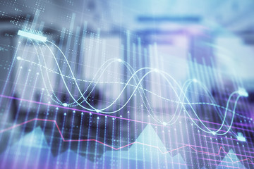 Stock market chart with trading desk bank office interior on background. Double exposure. Concept of financial analysis