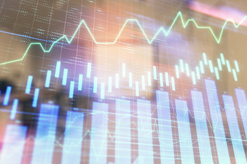 Stock market chart with trading desk bank office interior on background. Double exposure. Concept of financial analysis