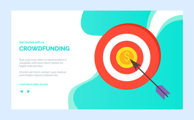Crowdfunding charity project target and arrow in aim, vector achieving goal concept. Mission complete, result achieved directly. Website or webpage template, landing page flat style